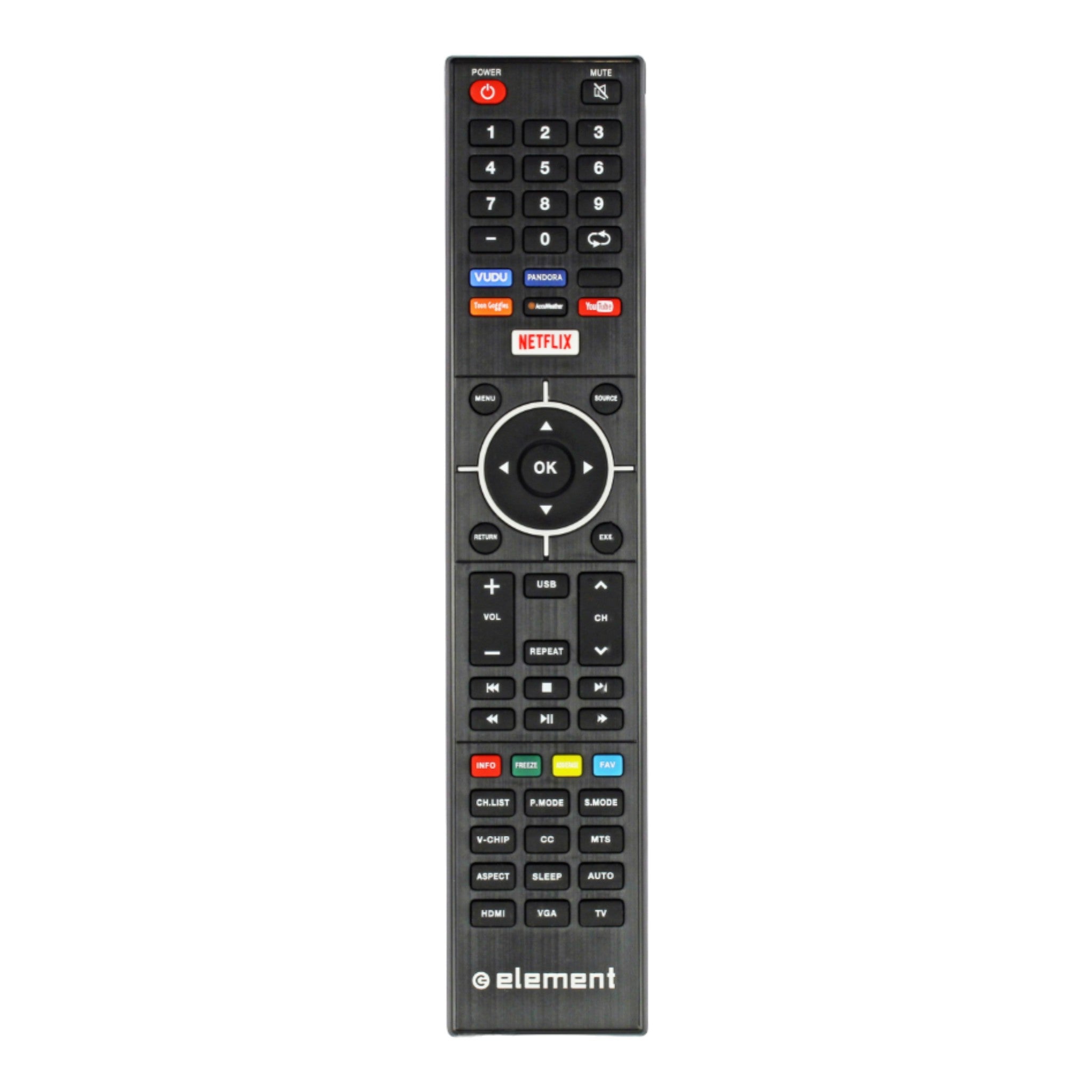 Element E4SFT551 Remote Control - New with Vudu, Pandora, Toon Goggles, AccuWeather, YouTube, and Netflix Buttons